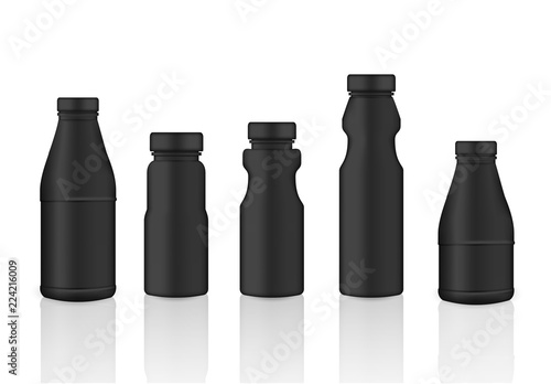 Mock up Realistic Black Plastic Packaging Product For Milk,  Soft Drink or Water Juice Bottle isolated Background.