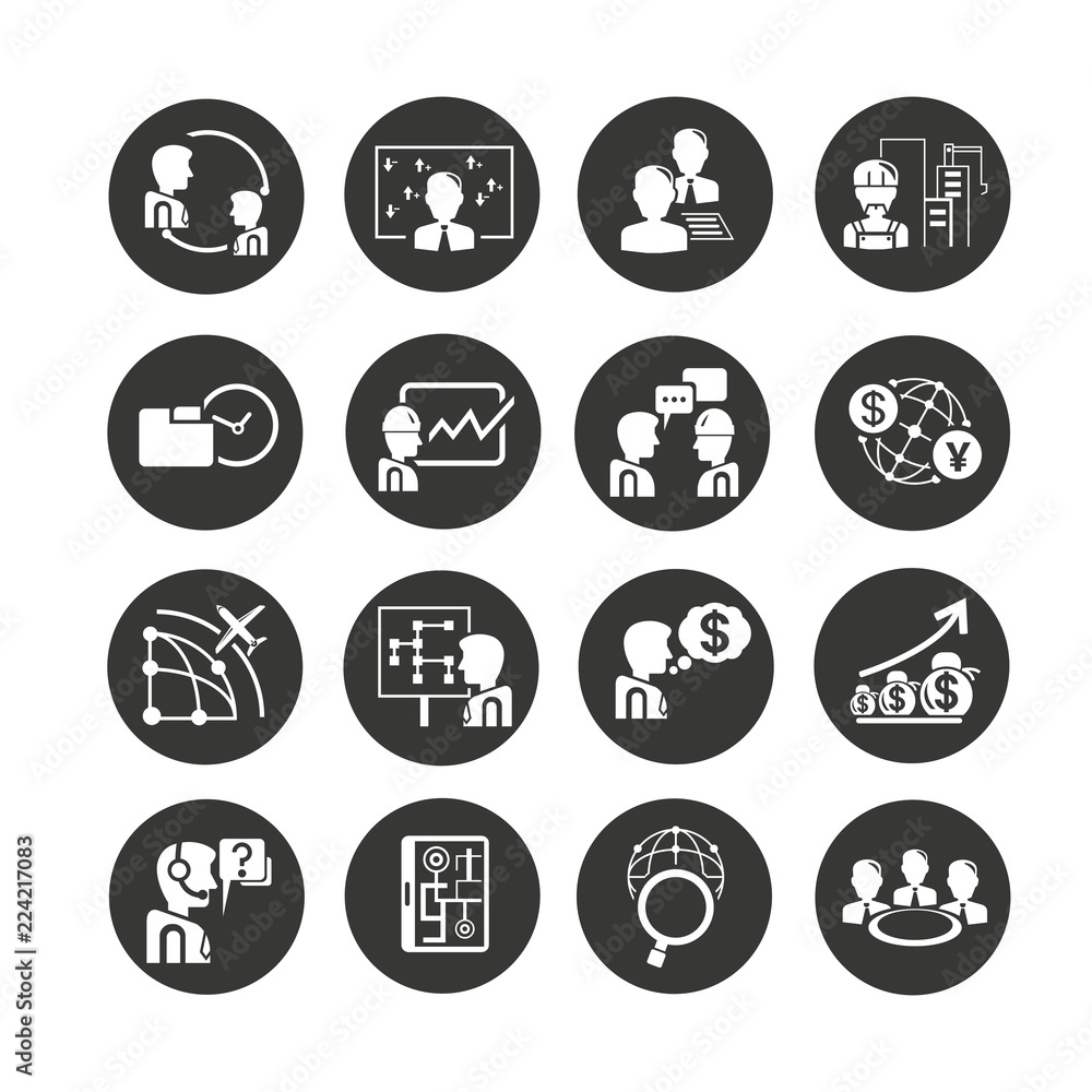 business management and organization icon set in circle buttons business management and organization icon set in circle buttons