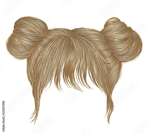 two buns  hairs with fringe  blond colors . women fashion beauty style .