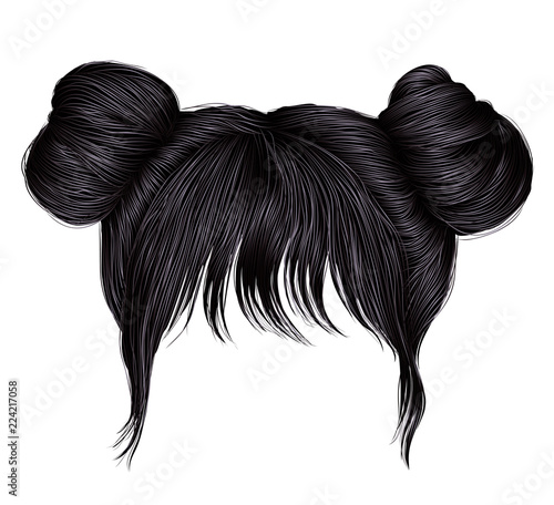 two buns  hairs with fringe brunette black  dark colors . colors . women fashion beauty style .