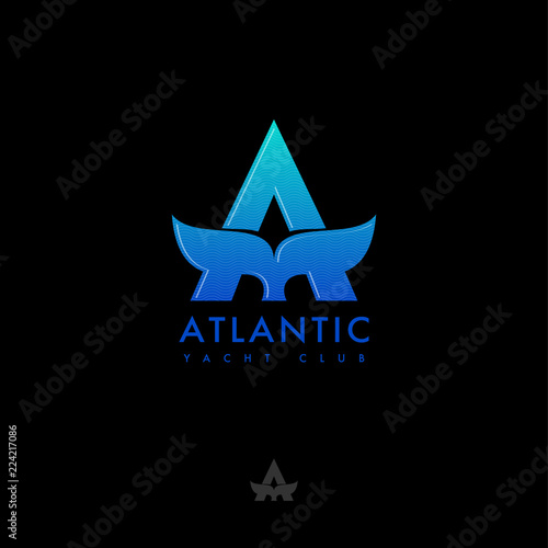 A monogram. Atlantic logo. Letter A and whale tail emblem. Sea and ocean travel. Flat emblem on a black background.