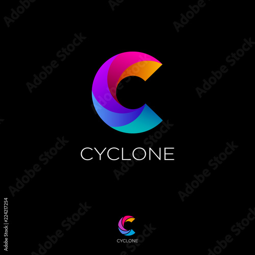 C letter monogram. C helix logo. Web, UI icon. Colorful vortex logo on a black background. Contour option.
