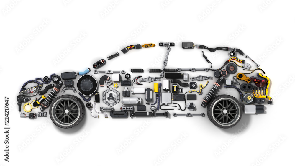 car silhouette made of details 3d render on white