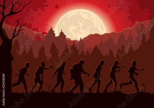 Silhouette crowd of zombies walking out of graveyard in full moon night. Red Theme Illustration about Halloween.