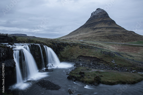 Iceland Kirkjafellfoss waterfall long exposure with mountain