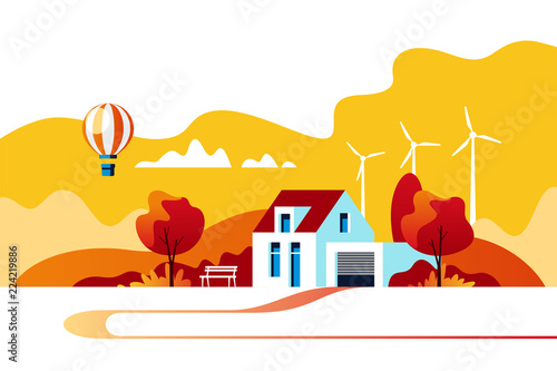 Autumn landscape. Suburban traditional house. Family home. Vector illustration.