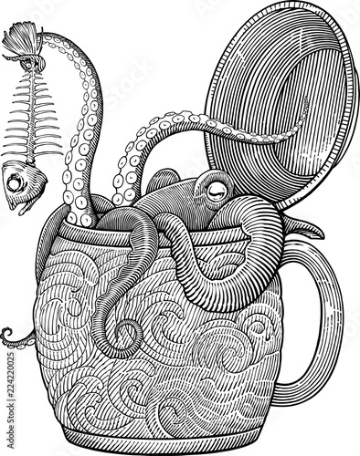One more please/Black and white drawing with octopus sitting in a beer mug