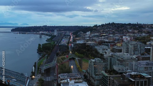 Seattle aerial drone footage bay train tracks mountain landscape photo