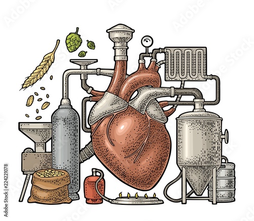 Brewery process on factory beer with tanks, burner, heart engraving