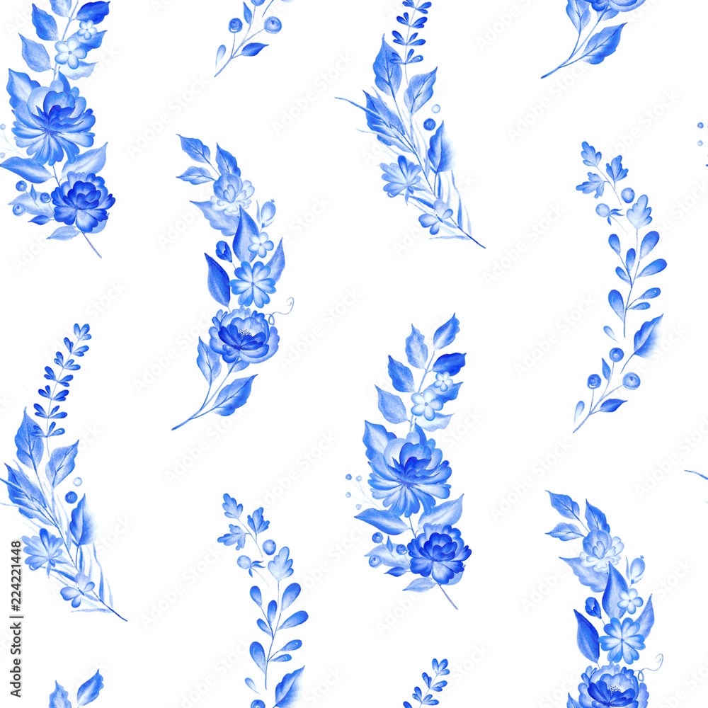 Seamless pattern.Watercolor blue flowers in gzhel style.Floral background.