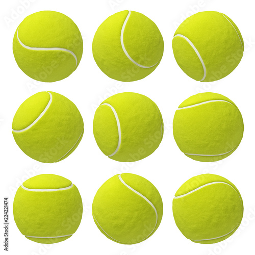 3d rendering of nine similar bright yellow tennis balls hanging on white background in different angles. © gearstd