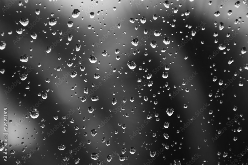 Fototapeta premium Rain drops on window glass. Natural gray water background
