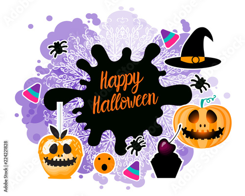 Set Happy Halloween design. Jack pumpkin lantern. Vector illustration on a dark background.