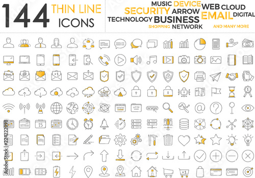 Black and orange business thin line icons set on white background