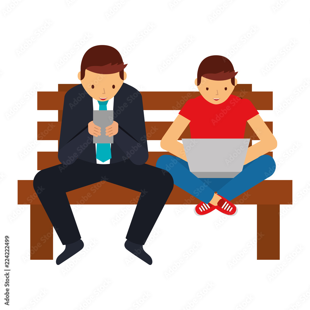 Obraz premium businessman with smartphone and guy with laptop on bench