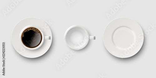 Set of coffee accessories, coffee cup with coffee, empty cup and saucer isolated on gray background. Vector realistic illustration.