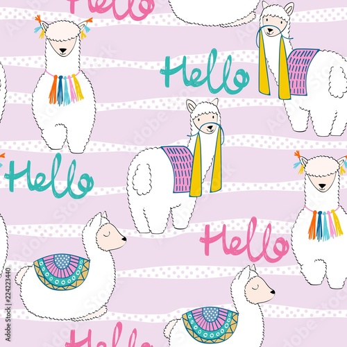 hand drawn vector seamless pattern with llamas