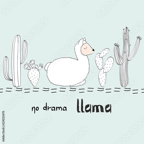 Hand drawn card with llama and cactus.No drama llama