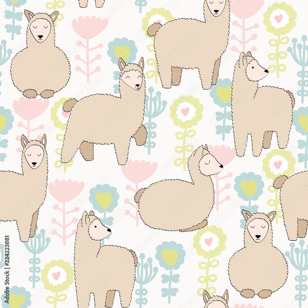 Obraz premium hand drawn vector seamless pattern with llamas