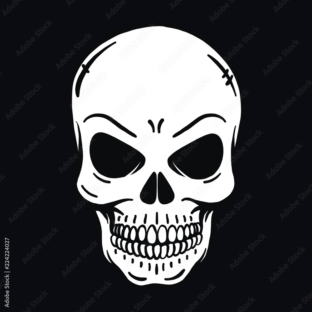 evil looking horror skull on black background. Outline, vector, tattoo, halloween, poisonous, deadly, isolated