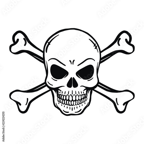 evil looking horror skull. Black background. Outline, vector, tattoo, halloween, poisonous, deadly, isolated