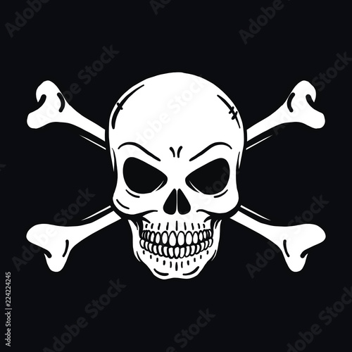 evil looking horror skull. Black background. Outline, vector, tattoo, halloween, poisonous, deadly, isolated