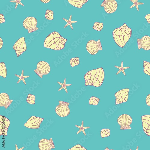 Hand drawn vector illustrations - seamless pattern of seashells. Marine background.