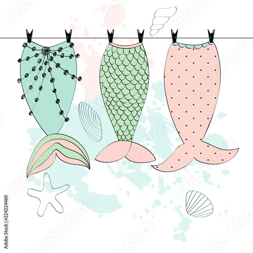 Vector hand drawn illustration with mermaid tails