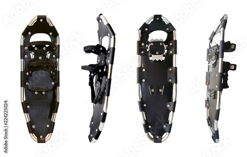 Set of top, back and side views of snowshoes pair isolated on white background. Sport winter equipment for walking on snow and ice, hunting and fishing photo