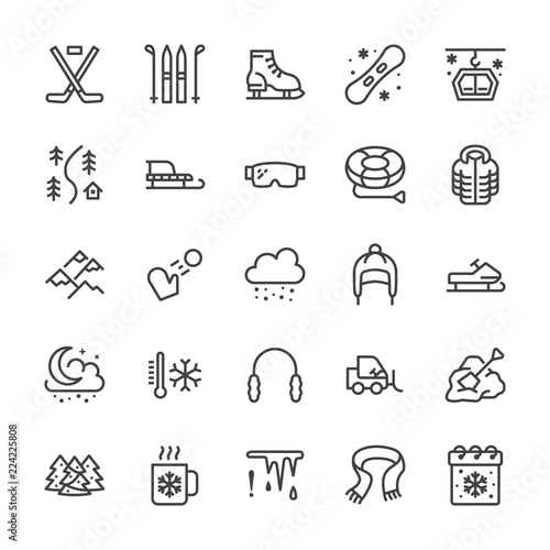 Winter sports line icons. Cold weather outdoor activities - skiing, hockey, snowboard, snowball game, snow removal vector illustrations. Signs for equipment store. Pixel perfect 64x64 Editable Strokes