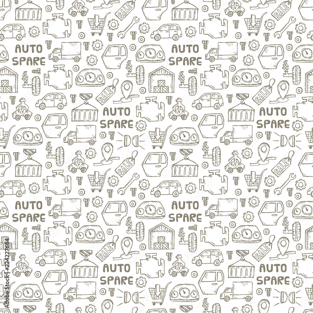 Car recyclers and scarp breaker and auto spare parts icons in hand drawn style background and seamless pattern