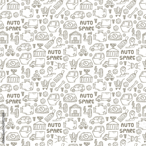 Car recyclers and scarp breaker and auto spare parts icons in hand drawn style background and seamless pattern