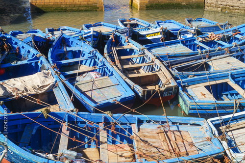 Blue fishing boats in the harbour of Essaouira