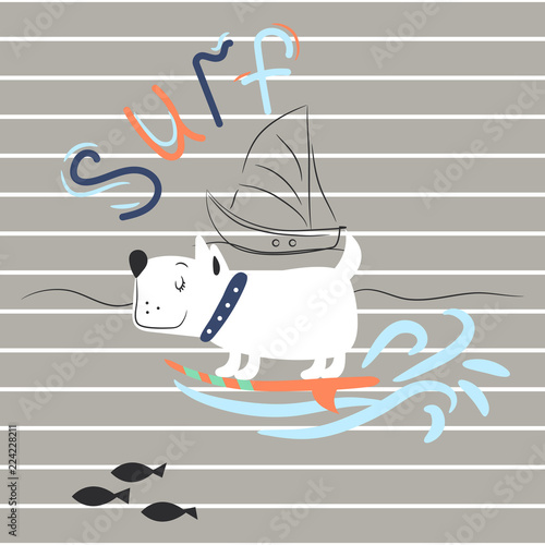 Cheerful dog surfing print for child apparel t shirt design.