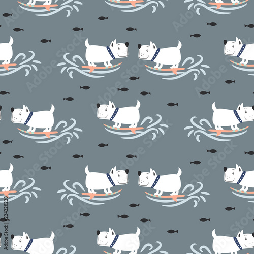 Pattern with cute surf puppies blue sea background.