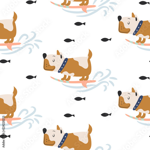 Seamless pattern with cute dogs on surf background.