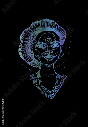 Neon vector of beauty indian girl and spiral. The power of thought.