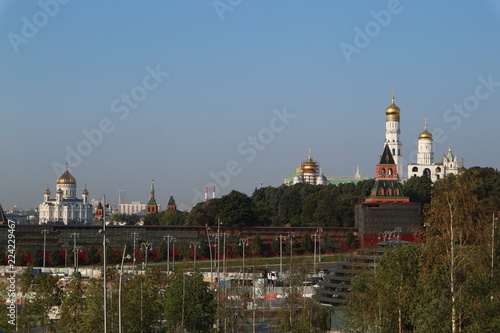 View of Moscow kremlin walls and churches in it at the morning