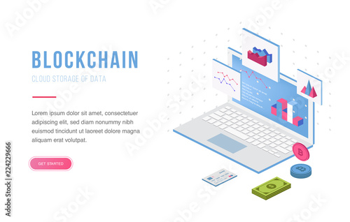 Cryptocurrency exchange and blockchain isometric composition. Good for landing page template and infographics vector illustration.