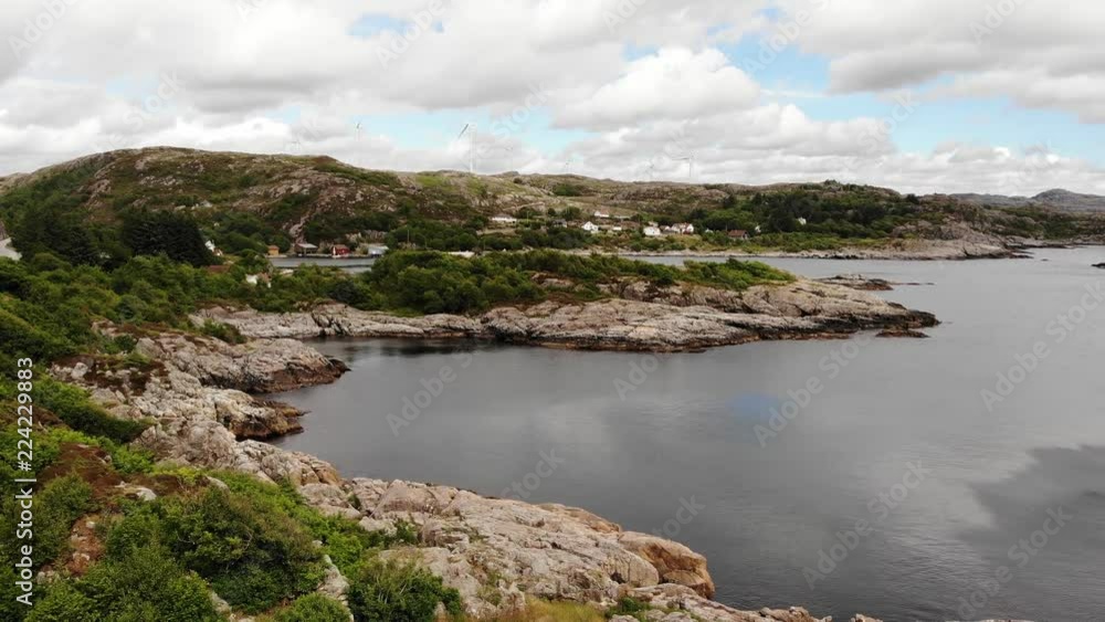 Aerial view. The North Sea coastline of southwestern Norway, Norwegian rocky coast landscape. Tourist county route road 44