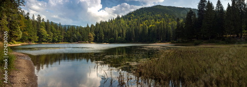 Beautiful views of the mountain lake and the mountains covered with forest in the summer. Popular tourist attraction. Fantastic landscape of Lake Sinevir in the Carpathians, Ukraine.