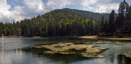 Beautiful views of the mountain lake and the mountains covered with forest in the summer. Popular tourist attraction. Fantastic landscape of Lake Sinevir in the Carpathians, Ukraine. photo