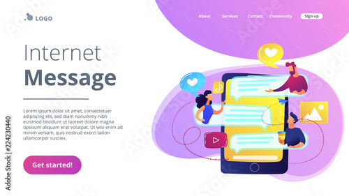 Tablet with users communicating and speech bubbles. Global internet communication, social media and network technology, chat, message and forum concept, violet palette. Website landing web page.