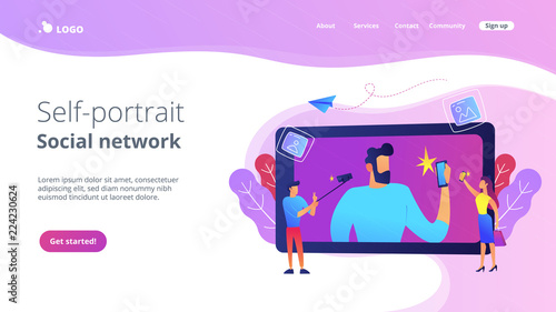 People taking selfie with smartphones and selfie-sticks as a concept of selfie culture, social network, blog, vlog, self-portrait, popularity. Violet palette. Website landing web page template.