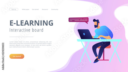 Students with laptops sitting behind interactive board with data. Digital, mobile, e-learning, flipped class, smart classroom. Modern education and virtual learning. Website landing web page template.