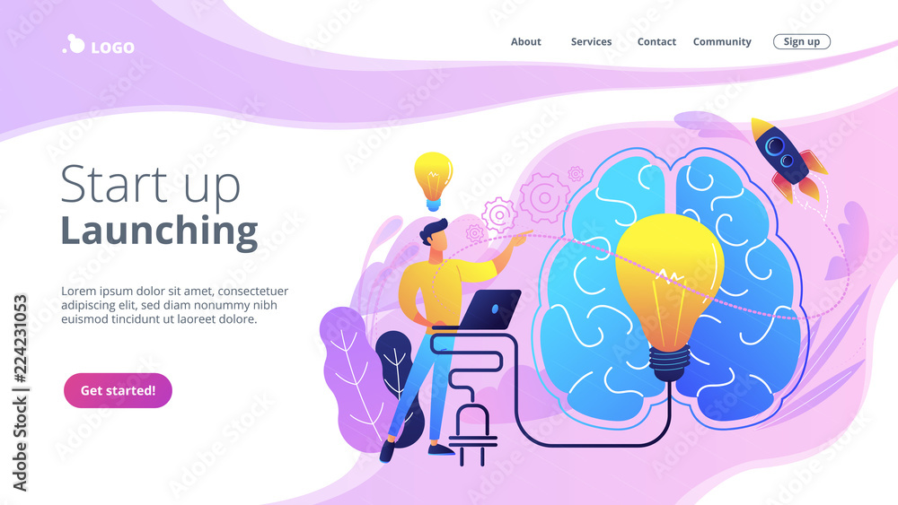 A man in workplace with laptop, big light bulb, rocket and human brain. Idea, start up launching, business success, brainstorm concept, violet palette. Website landing web page template. A man in workplace with laptop, big light bulb, rocket and human brain. Idea, start up launching, business success, brainstorm concept, violet palette. Website landing web page template.