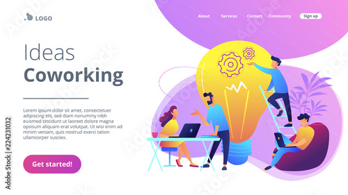 People working in friendly open space workplace. Coworking, freelance, teamwork, communication, interaction, idea, independent activity concept, violet palette. Website landing web page template.