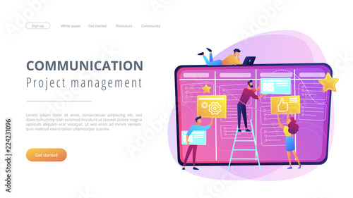 Team members moving cards on large kanban board. Teamwork, communication, interaction, business process, agile project management concept, violet palette. Website landing web page template.
