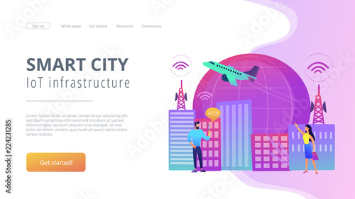 People with smartphones around modern facilities connected to global web network with wi-fi signs. Internet of things, IoT infrastructure and smart city concept. Website landing web page template.