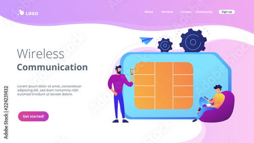 Mobile sim phone card and users with smartphones. Mobile phone network, smartphone plastic card and microchip, wireless cellphone communication concept, violet palette. Website landing web page